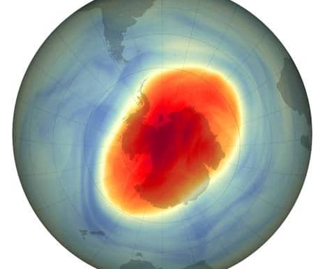 The ozone hole over the South Pole on October 5, when it reached its maximum extent this year.  / NASA / Joshua Stevens