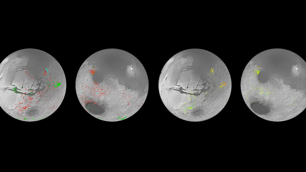 The map of Mars shows the areas covered by water