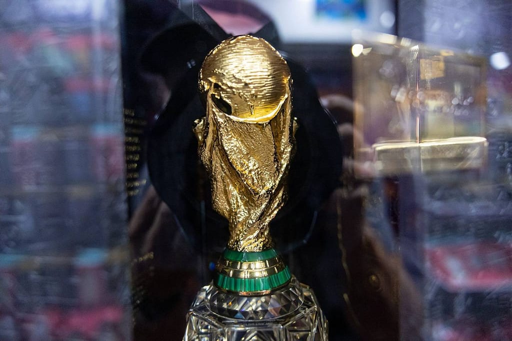 A World Cup replica for sale as an officially licensed product at the BudX FIFA Fan Fest at Dubai Harbor in Dubai, United Arab Emirates, on Tuesday, November 29, 2022. Doha is expected to host more than a million fans during the 2022 FIFA World Cup, but many Some of them will be based in Dubai and other nearby cities, and will take shuttle rides all day.