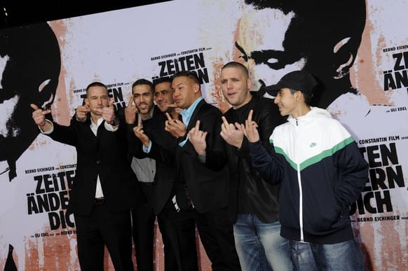 Bushido with Arafat Abu Shaker (third from left) and Flair (second from right) at the cinema premiere "Times are changing" 2010 in Berlin.