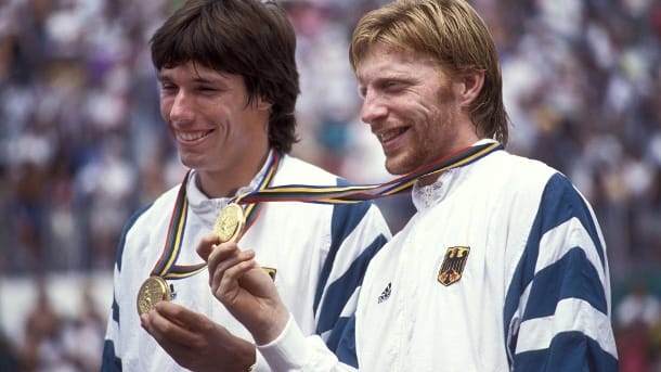 Boris Becker (right) in Barcelona in 1992 alongside Michael Stich.  (Source: Imago Photos / Lacey Perini)
