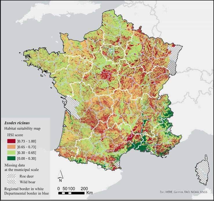In this map, the areas where you are most likely to encounter ticks.  © I. Lebert et al.  , Geospatial Health