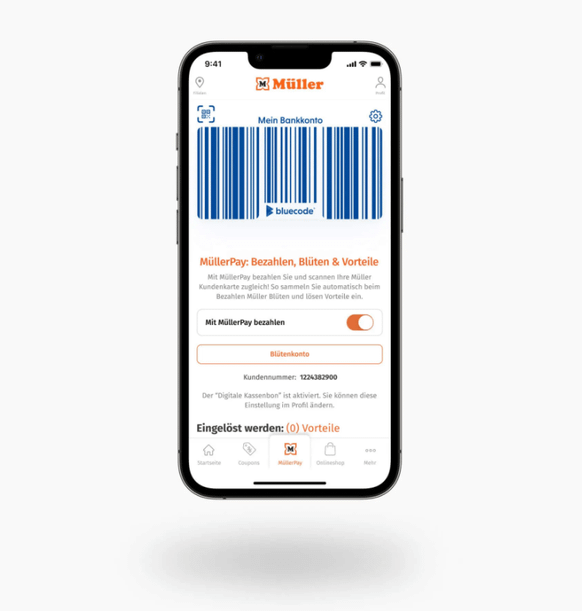 Pay in the Müller app using the Bluecode method.