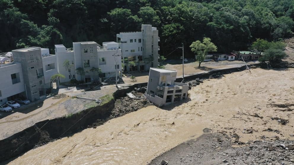 A building in a village in Pohang, South Korea, was swept away after Typhoon Hinnamur.