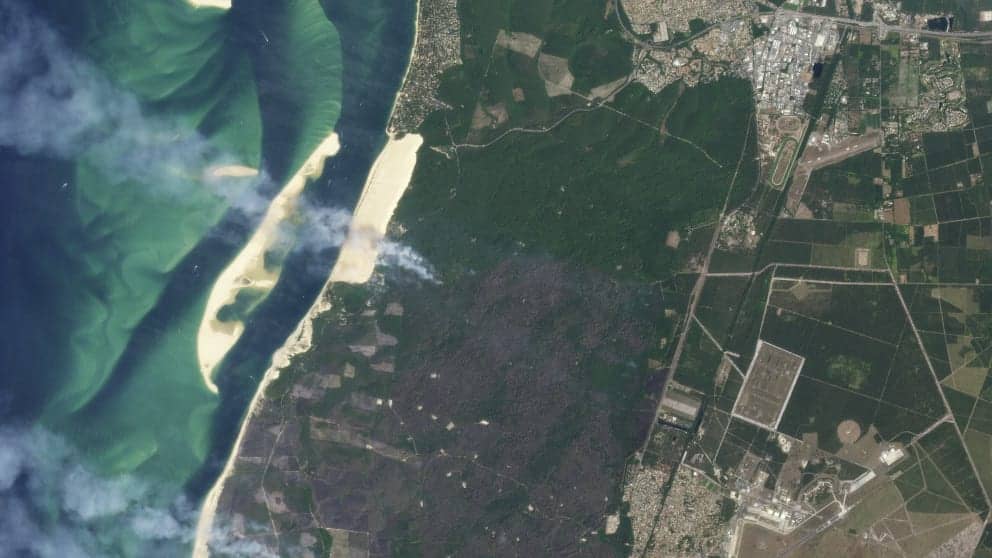 A satellite image shows the extent of the fires in southwestern France