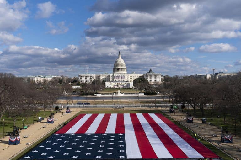 A huge flag will replace the audience at Biden's inauguration as President of the United States.