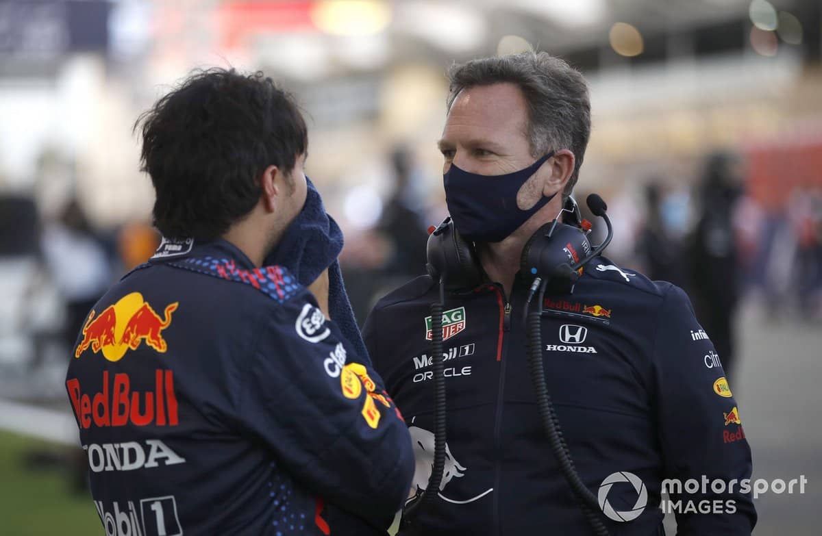 Sergio Perez, Red Bull Racing, with Christian Horner, Red Bull Racing Manager