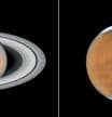 This image shows recent observations of the planets made by Mars and Saturn using the NASA/ESA Hubble Space Telescope.  Observations of both bodies were made in June and July 2018 and show the planets in close proximity to their opposites.