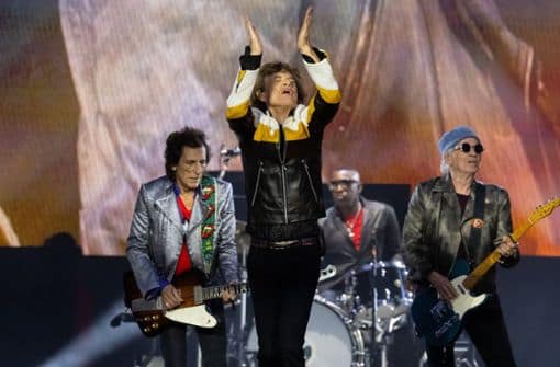 Ron Wood, Mick Jagger, Steve Jordan and Keith Richards (left) on stage at the Munich Olympic Stadium Photo: dpa / Sven Hoppe