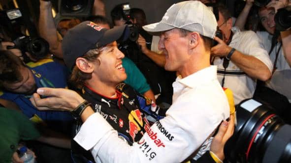 Apprentice and master craftsman: Vettel (left) copied a lot from his idol Michael Schumacher in his early years