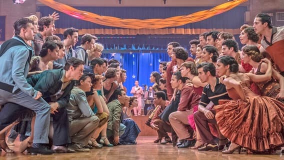 Two groups of dancers look at each other with difficulty - scene from the movie "West side story" © 2020 Twentieth Century Fox Films.  Photo: Nico Tavernes