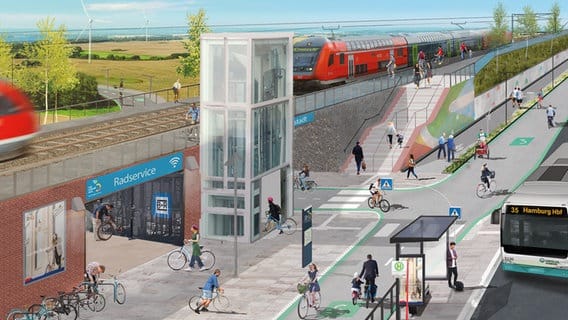 A visualization shows a planned cycle path at a train station.  